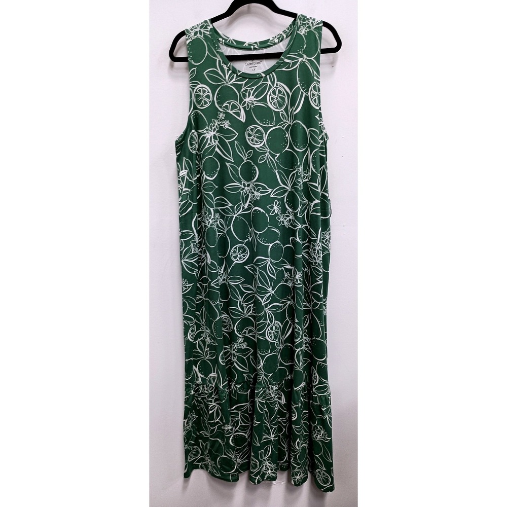 Cuddl Duds Maxi Dress Womens 1X Green Lemon Print Sleeveless Ruffle Hem Cottage‎